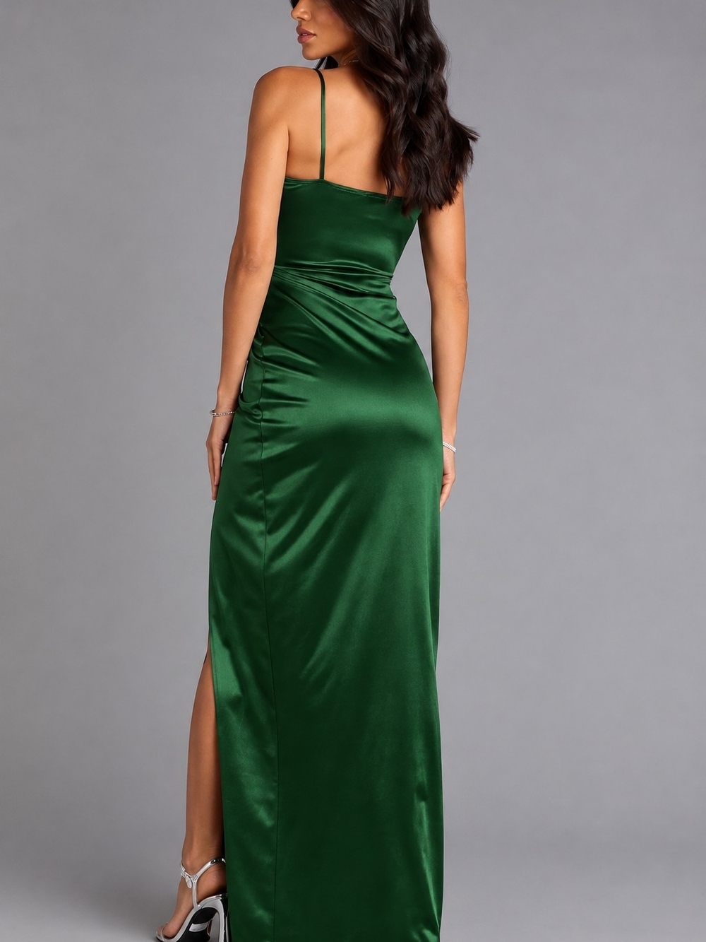 Emerald Green Satin Slit Evening Dress - Picture 3 of 4